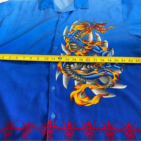 WINGO Shirt Mens Size XL Blue FIRE DRAGON Print Y2K SKATE Hawaiian VINTAGE - Picture 8 of 9